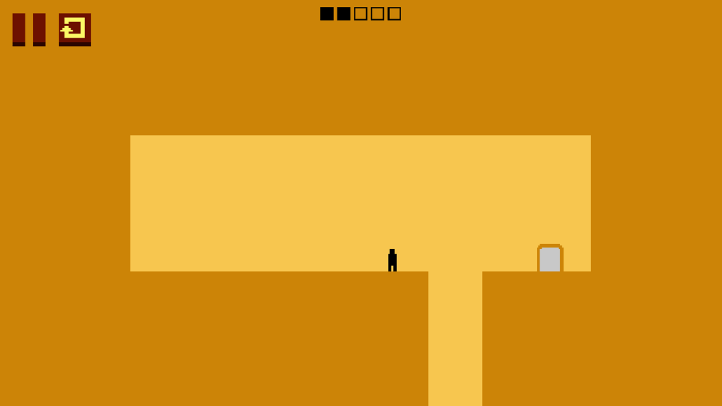 A tiny character stands before a wide pit with the exit door waiting on the opposite platform.