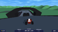 PolyTrack red race car approaching a large black arch on a low-poly racing circuit