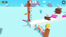 Slice Master gameplay with a knife slicing colourful candy beside cups and platforms