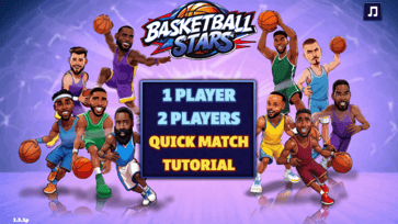 Basketball Stars main menu with cartoon basketball players surrounding single-player, two-player, quick match and tutorial options