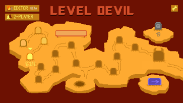 Level Devil world map displaying multiple connected stages and progression through the fiery adventure.